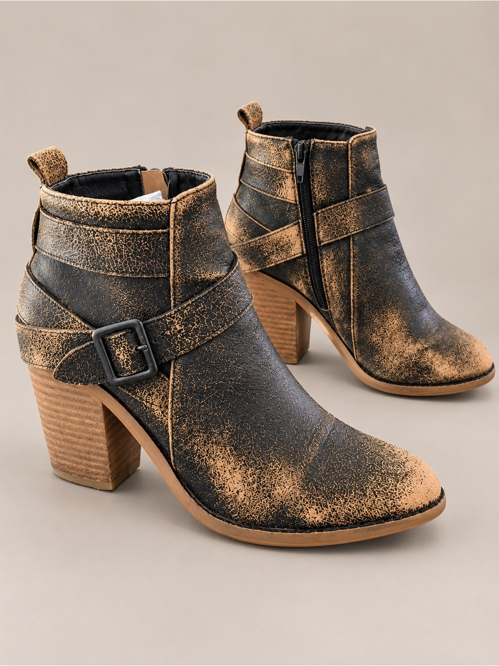 Kelsi Dagger Brooklyn Grand Distressed Leather Buckle Heeled Booties Womens 7